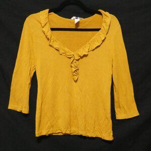 H&M | medium | Ruffled Yellow Rayon Long Sleeve Knit Shirt